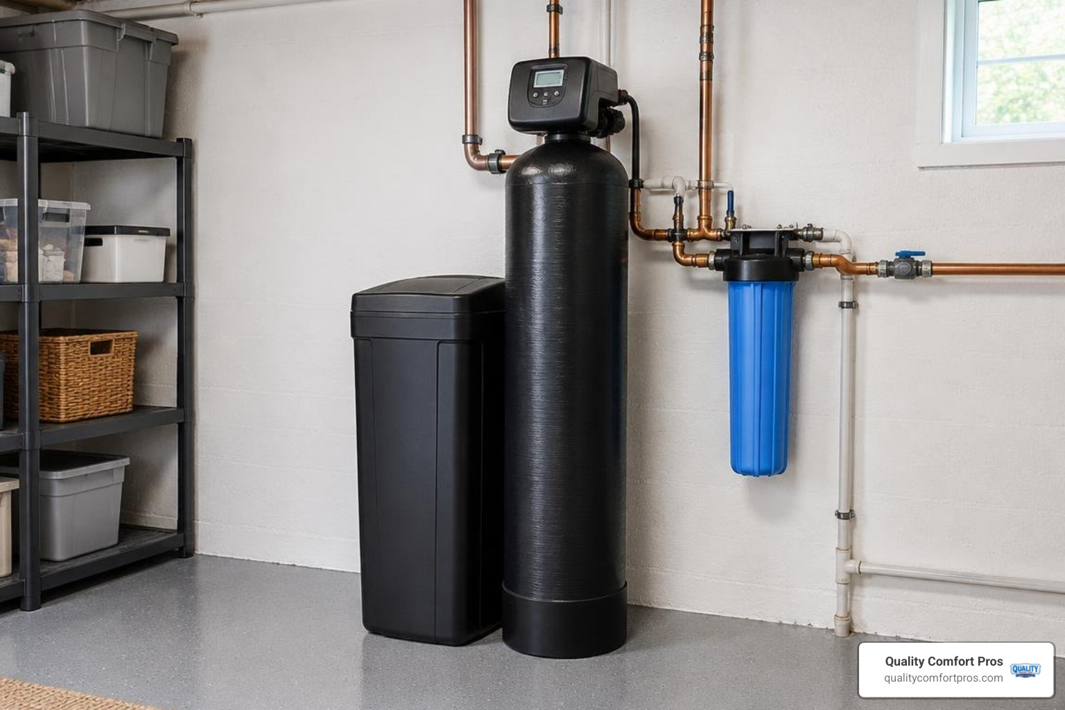 Home water softener and filtration unit installed in a clean basement utility room Home water softener and filtration unit installed in a clean basement utility room