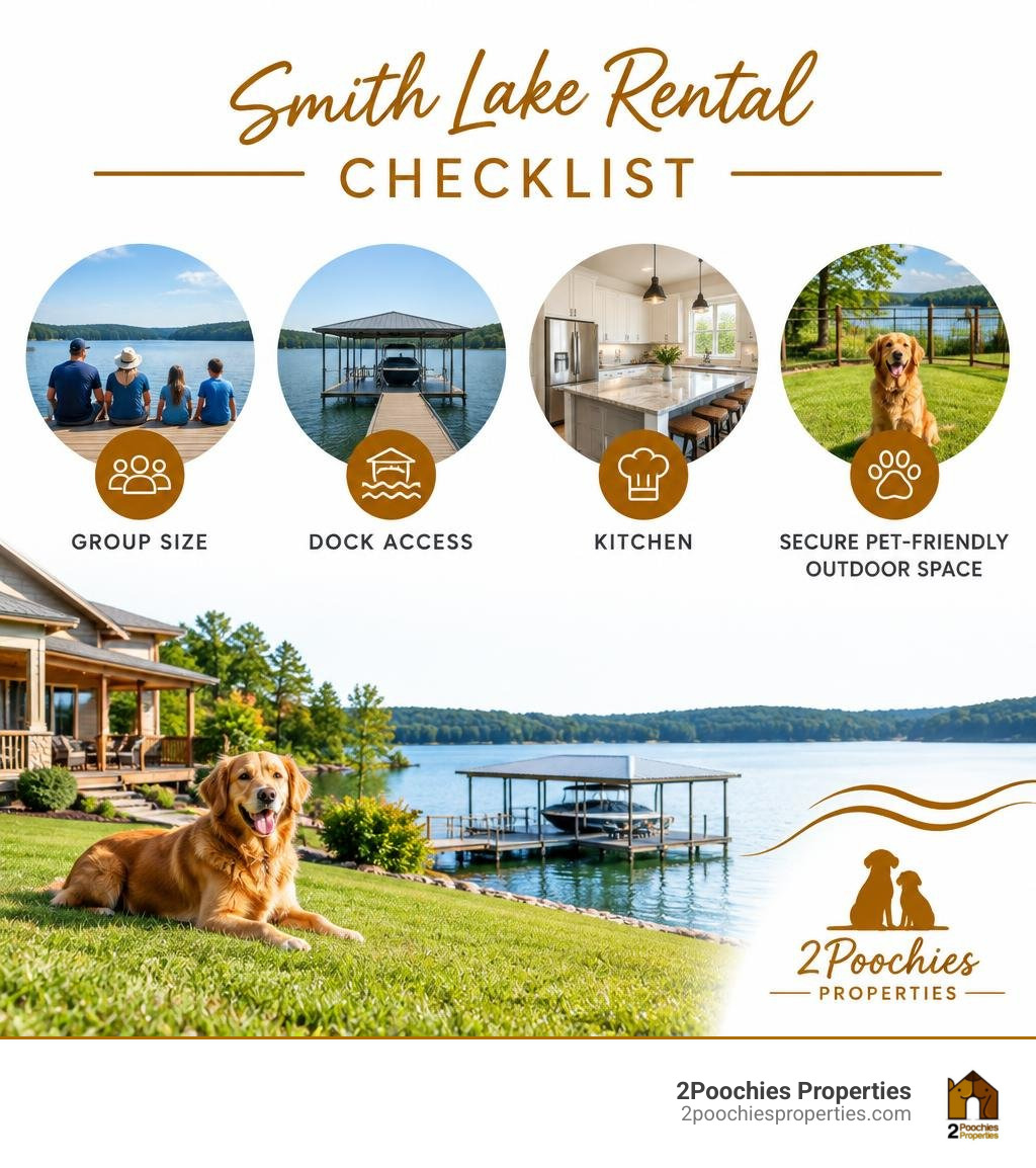 Smith Lake rental checklist: group size, dock access, kitchen, and secure pet-friendly outdoor space infographic