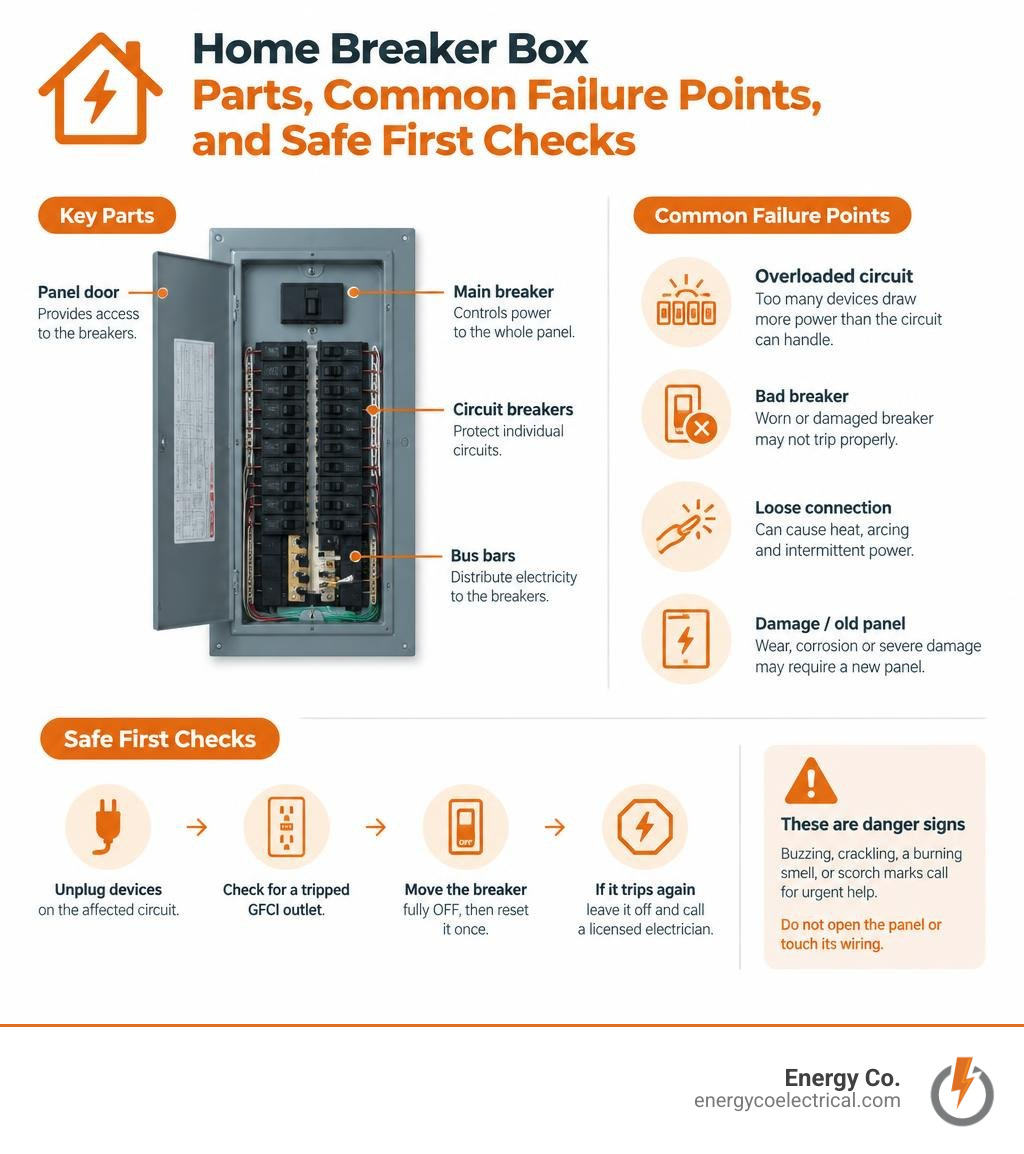 Home breaker box parts, common failure points, and safe first checks infographic Home breaker box parts, common failure points, and safe first checks infographic