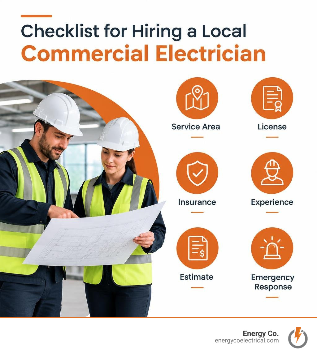 Checklist for hiring a local commercial electrician: service area, license, insurance, experience, estimate, and emergency