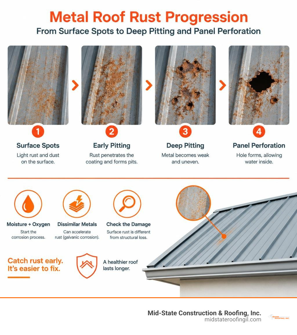 metal roof rust progression from surface spots to deep pitting and panel perforation infographic metal roof rust progression from surface spots to deep pitting and panel perforation infographic