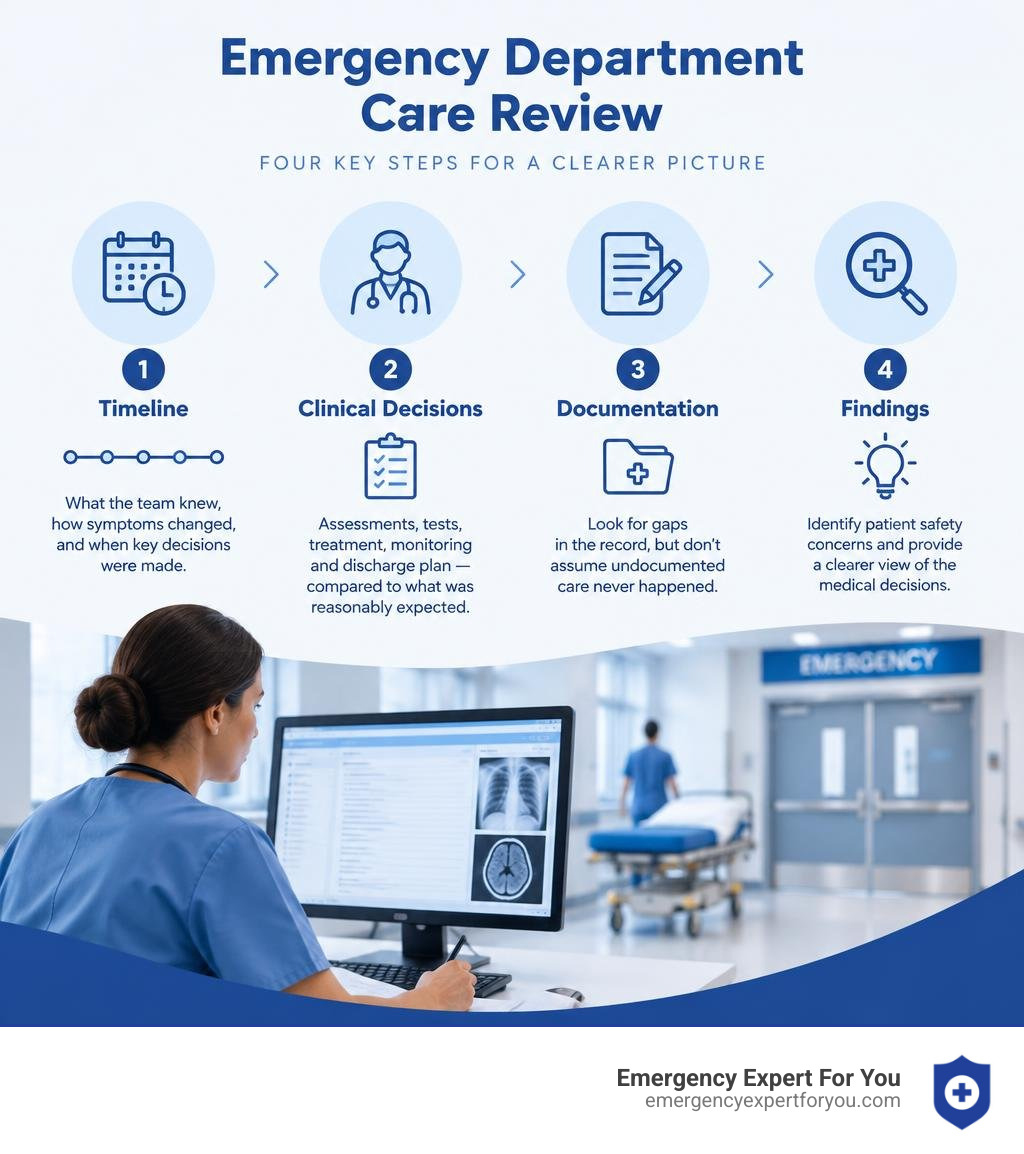 Emergency department care review steps: timeline, clinical decisions, documentation, and findings infographic Emergency department care review steps: timeline, clinical decisions, documentation, and findings infographic
