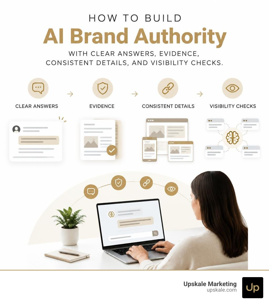 How to build AI brand authority with clear answers, evidence, consistent details, and visibility checks infographic How to build AI brand authority with clear answers, evidence, consistent details, and visibility checks infographic