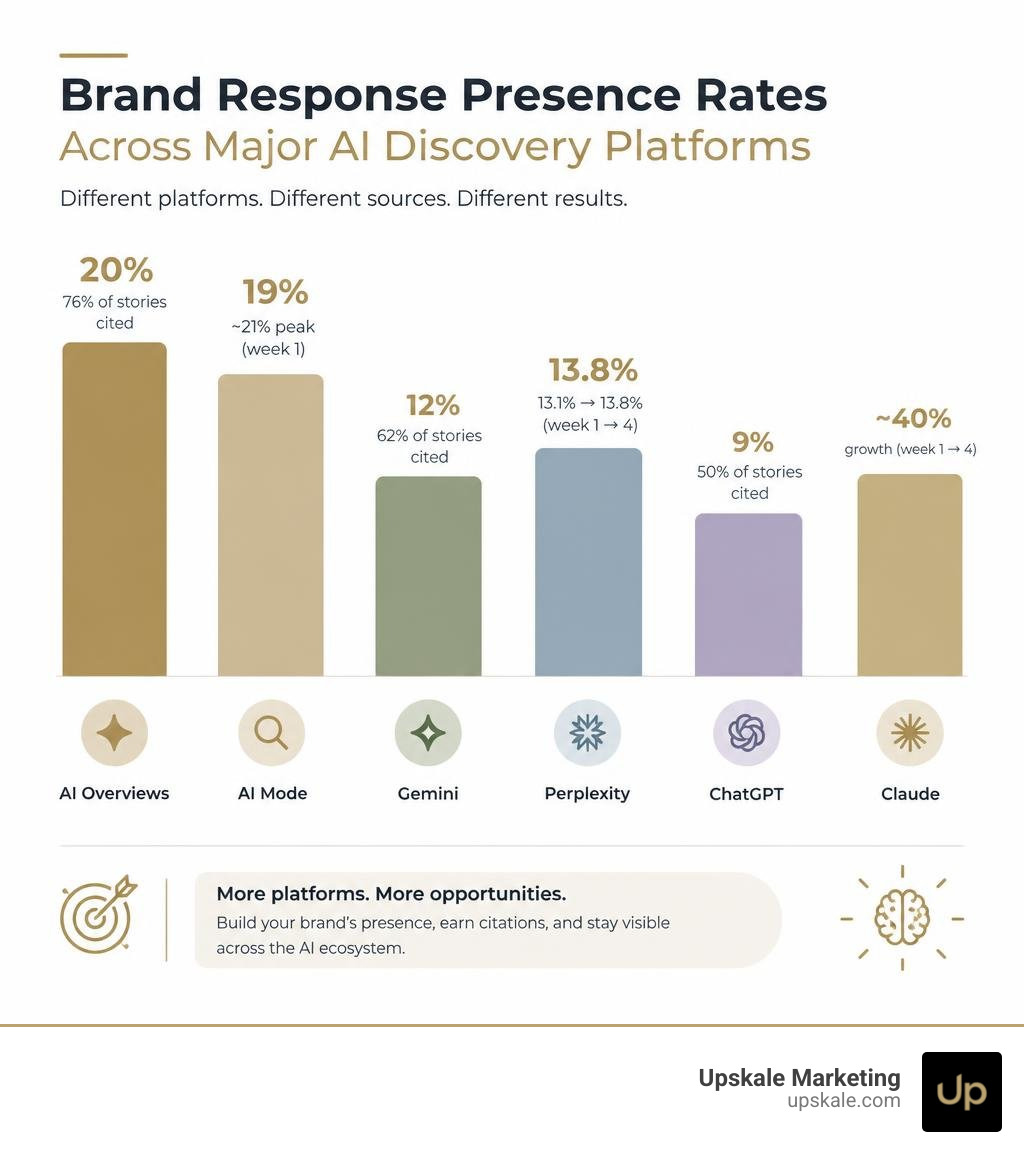 Comparison of brand response presence rates across major AI discovery platforms infographic Comparison of brand response presence rates across major AI discovery platforms infographic