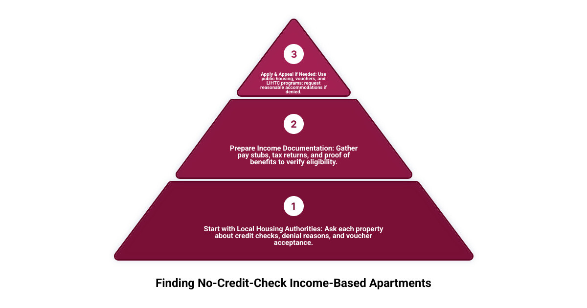 Housing search checklist: find programs, confirm credit rules, gather income documents, apply infographic