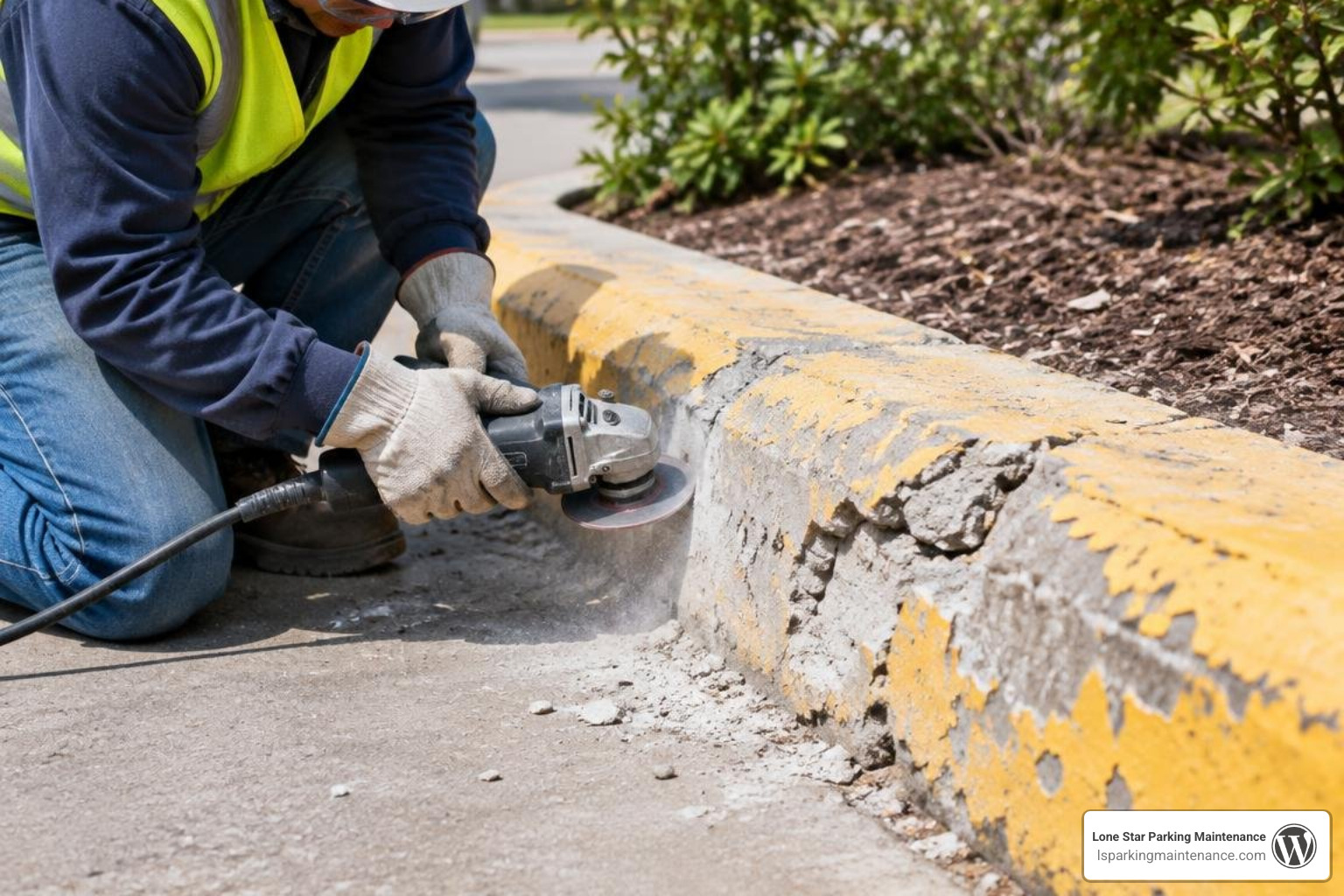 mechanical surface prep on a damaged curb prior to stencil painting mechanical surface prep on a damaged curb prior to stencil painting