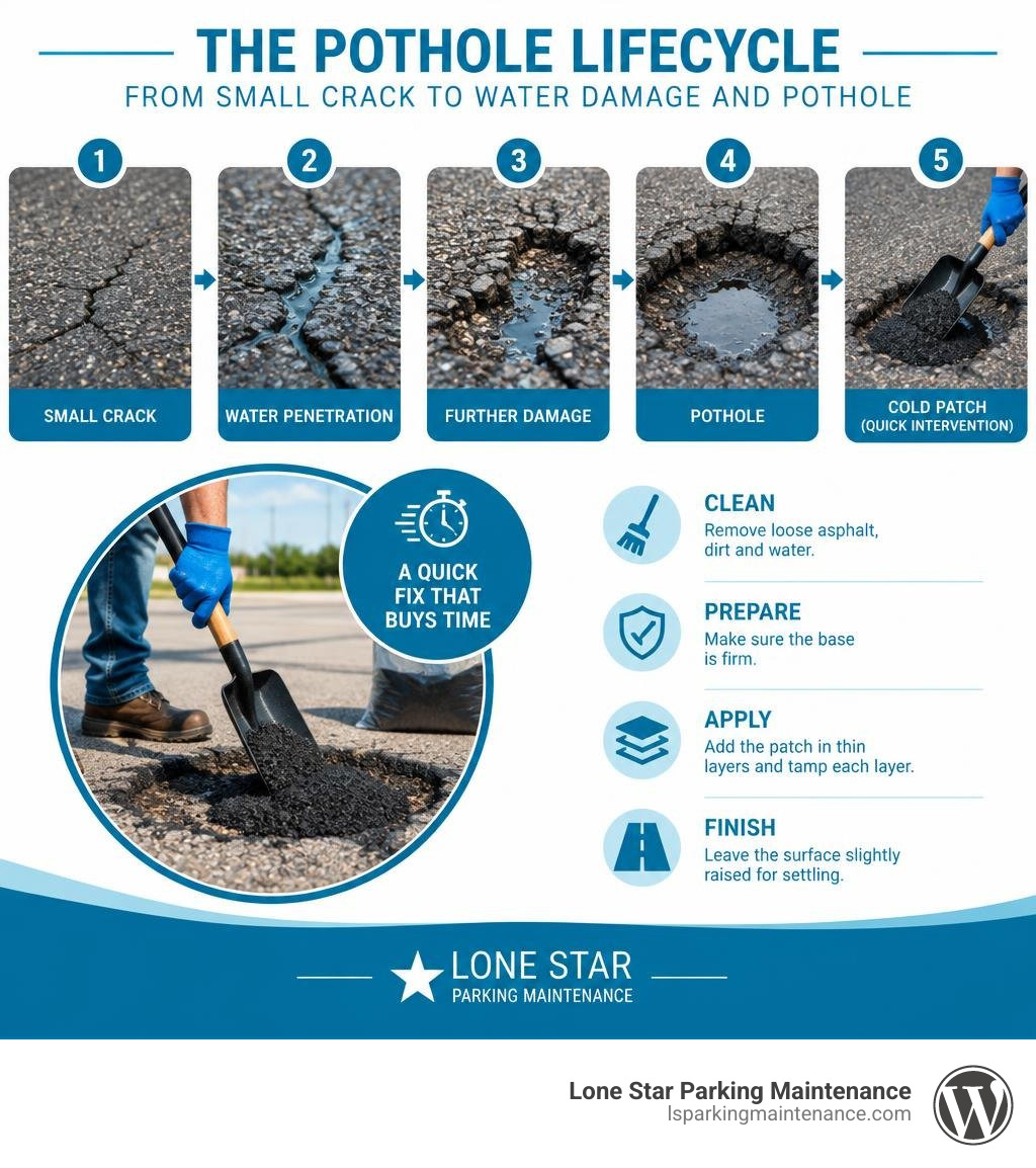 Pothole lifecycle from small crack to water damage and pothole, with cold patch as a quick intervention infographic
