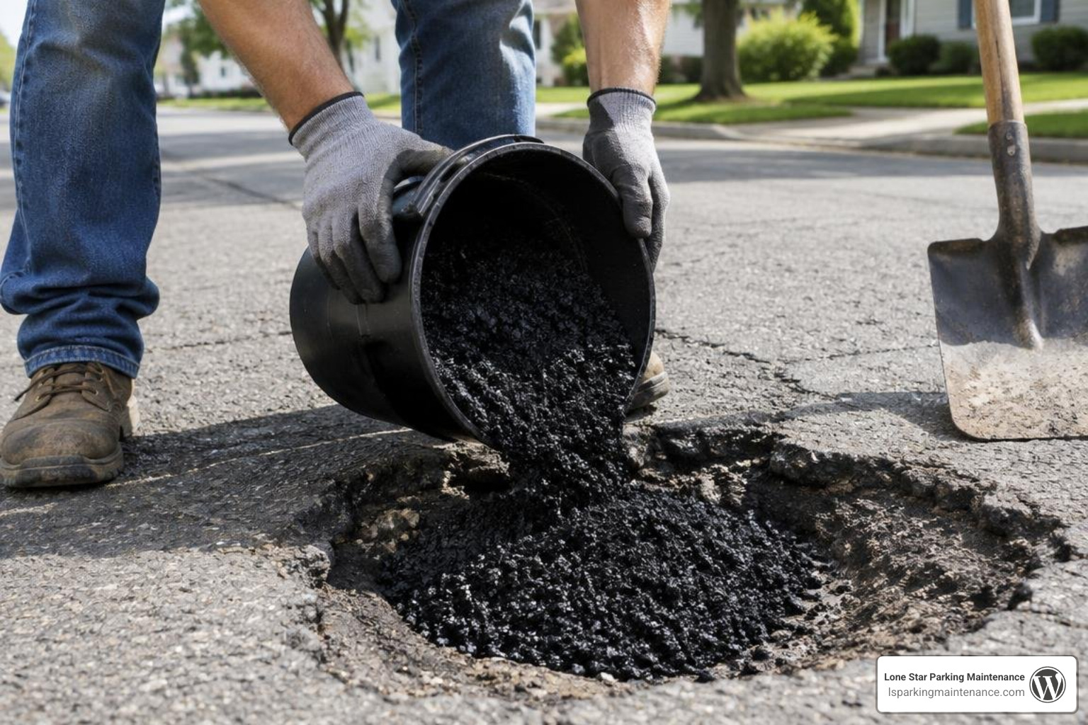 step-by-step application of asphalt patch in a prepared pothole