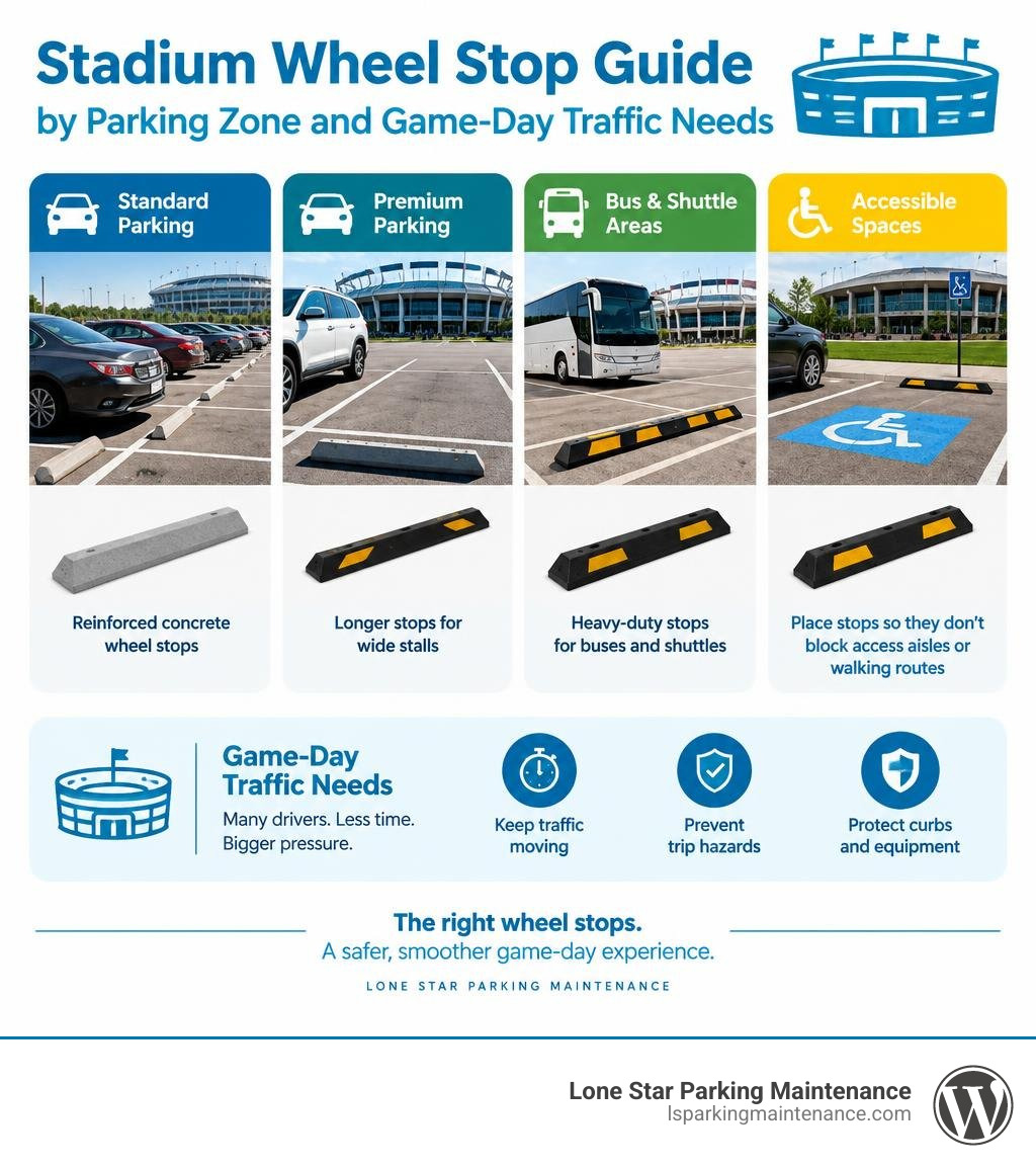 Stadium wheel stop guide by parking zone and game-day traffic needs infographic Stadium wheel stop guide by parking zone and game-day traffic needs infographic