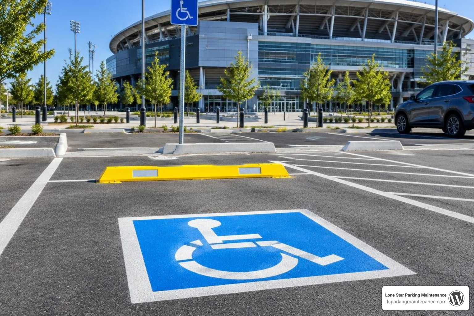 ADA accessible parking stall with high-visibility wheel stop ADA accessible parking stall with high-visibility wheel stop