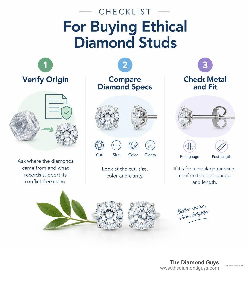 Checklist for buying ethical diamond studs: verify origin, compare diamond specs, check metal and fit infographic