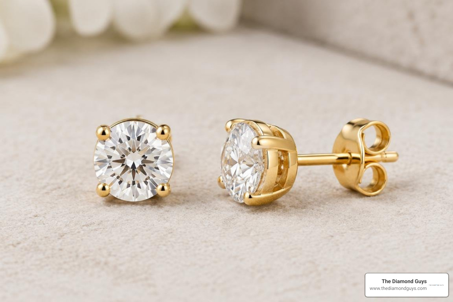 close-up of secure prong and bezel settings on gold diamond studs
