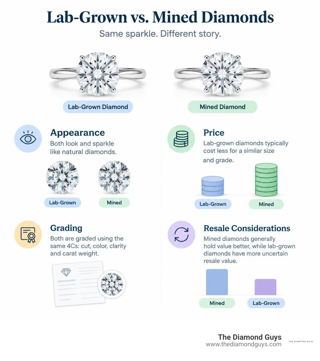 Lab-grown versus mined diamonds: appearance, price, grading, and resale considerations infographic Lab-grown versus mined diamonds: appearance, price, grading, and resale considerations infographic