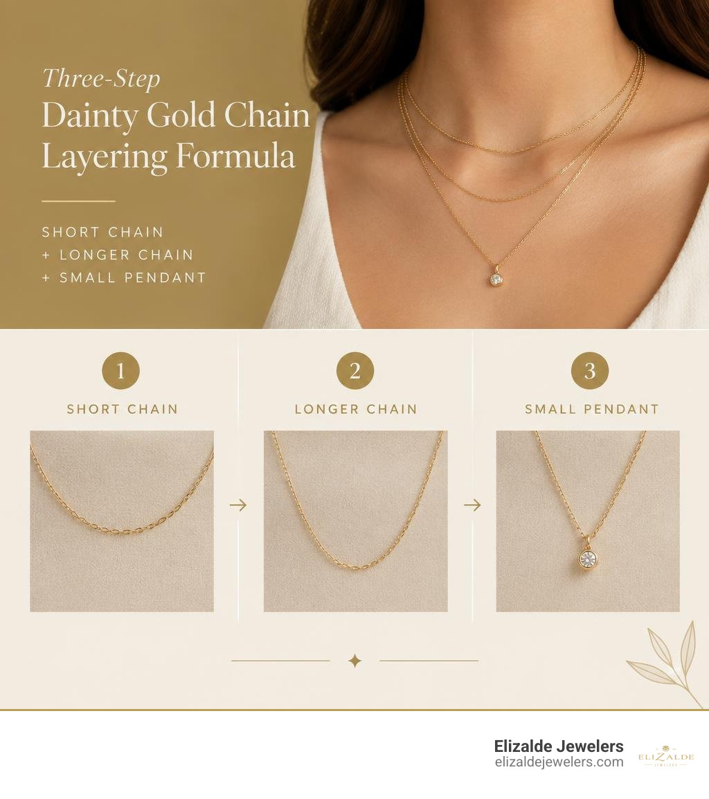 Three-step dainty gold chain layering formula: short chain, longer chain, small pendant infographic Three-step dainty gold chain layering formula: short chain, longer chain, small pendant infographic