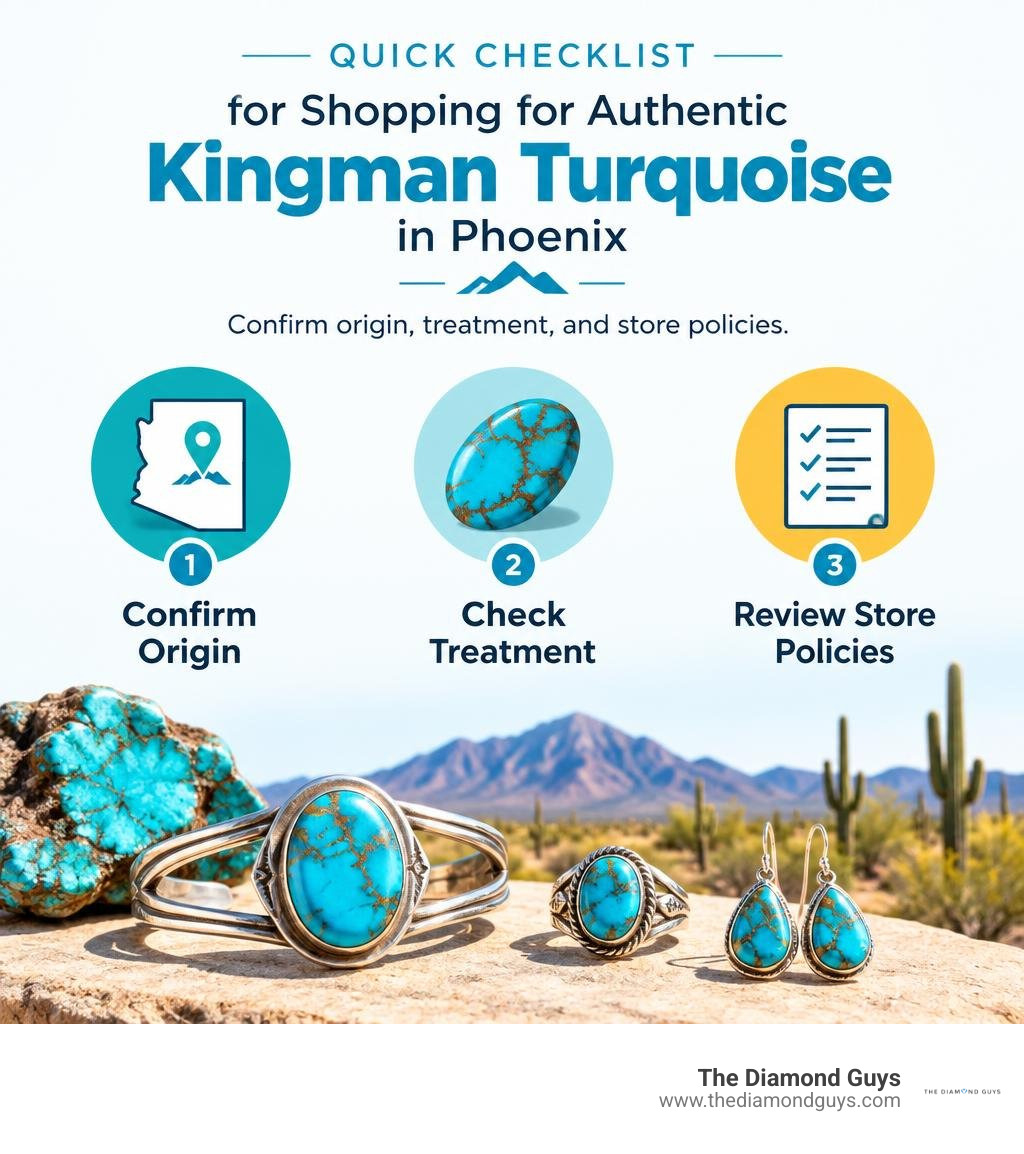 Quick checklist for shopping for authentic Kingman turquoise in Phoenix: confirm origin, treatment, and store policies Quick checklist for shopping for authentic Kingman turquoise in Phoenix: confirm origin, treatment, and store policies