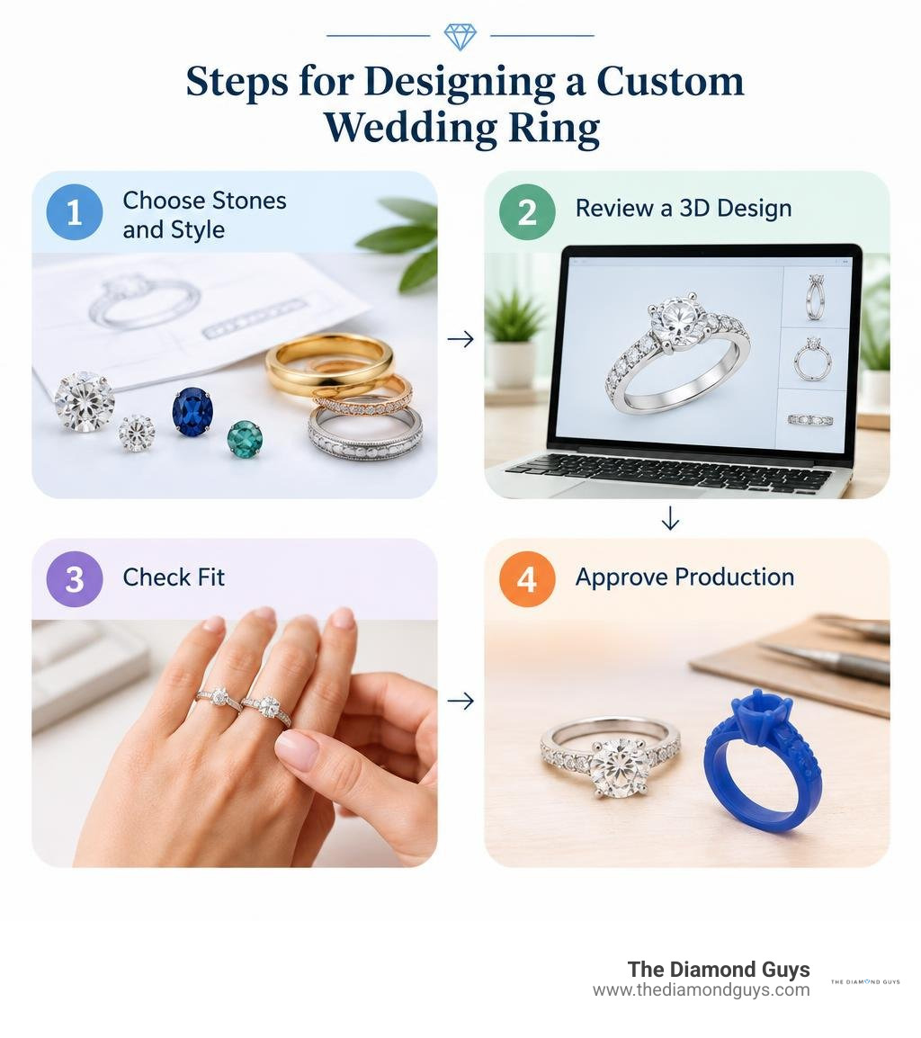 Steps for designing a custom wedding ring: choose stones and style, review a 3D design, check fit, approve production Steps for designing a custom wedding ring: choose stones and style, review a 3D design, check fit, approve production