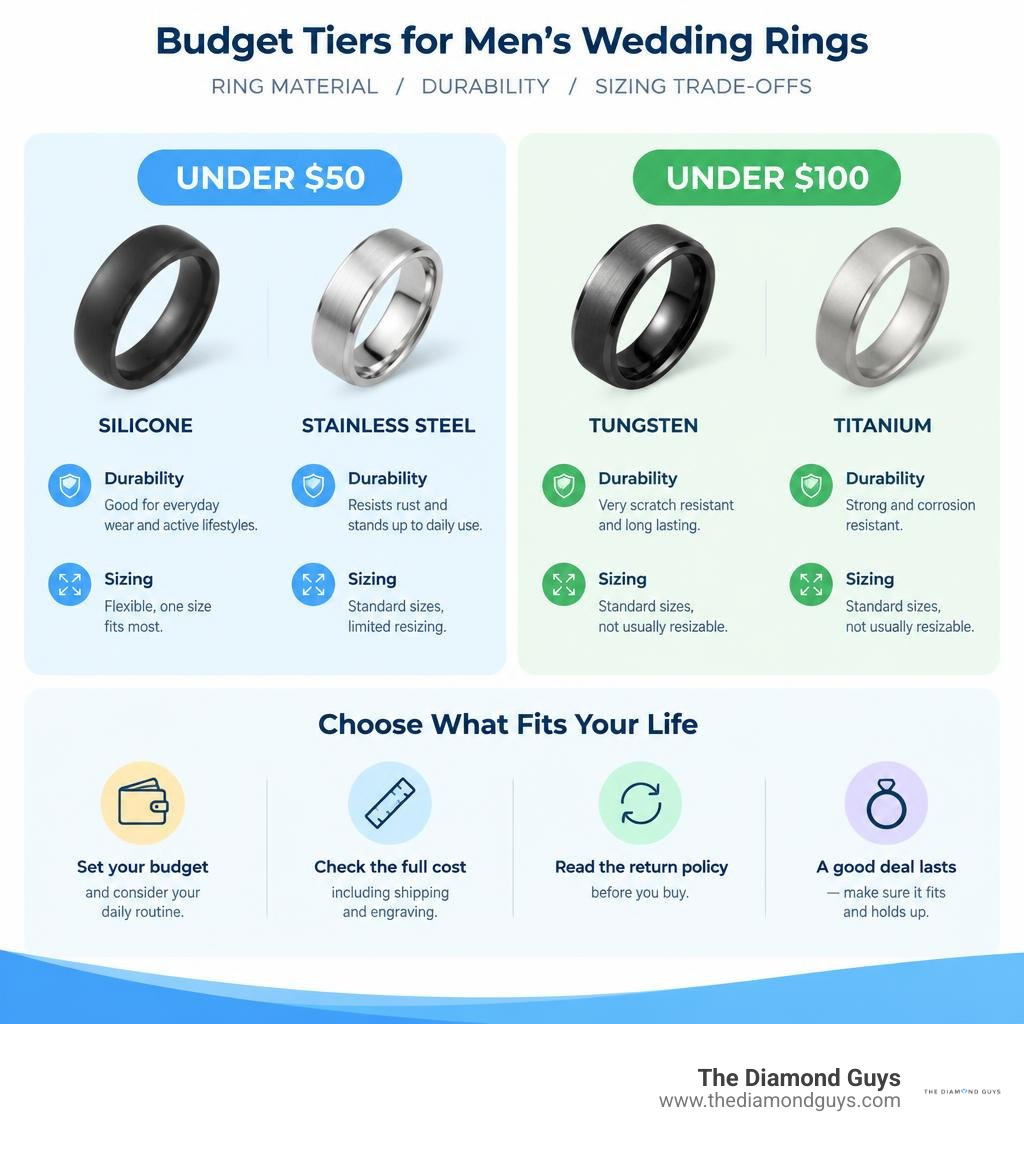 Budget tiers under $50 and $100, with ring material, durability, and sizing trade-offs infographic Budget tiers under $50 and $100, with ring material, durability, and sizing trade-offs infographic