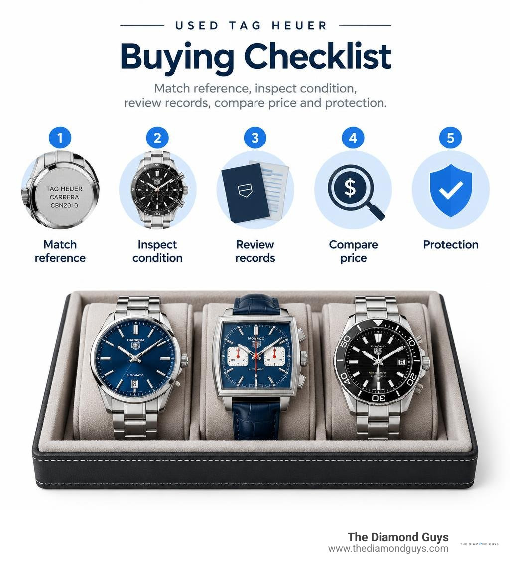 Used TAG Heuer buying checklist: match reference, inspect condition, review records, compare price and protection infographic