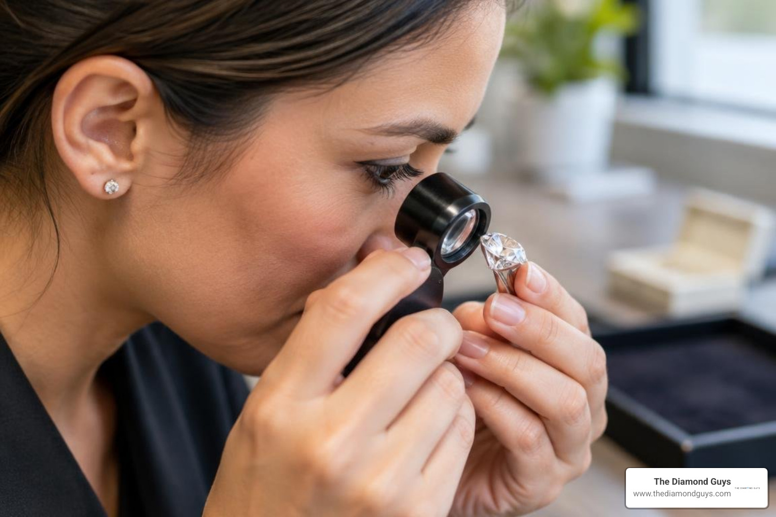 Heirloom diamond being inspected under a jeweler loupe Heirloom diamond being inspected under a jeweler loupe