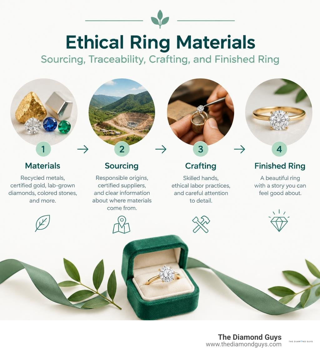 Ethical ring materials: sourcing, traceability, crafting, and finished ring infographic Ethical ring materials: sourcing, traceability, crafting, and finished ring infographic