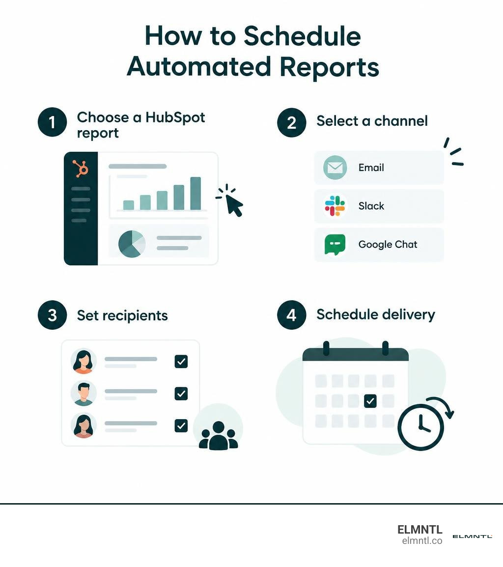 Steps to choose a HubSpot report, select a channel, set recipients, and schedule delivery infographic Steps to choose a HubSpot report, select a channel, set recipients, and schedule delivery infographic