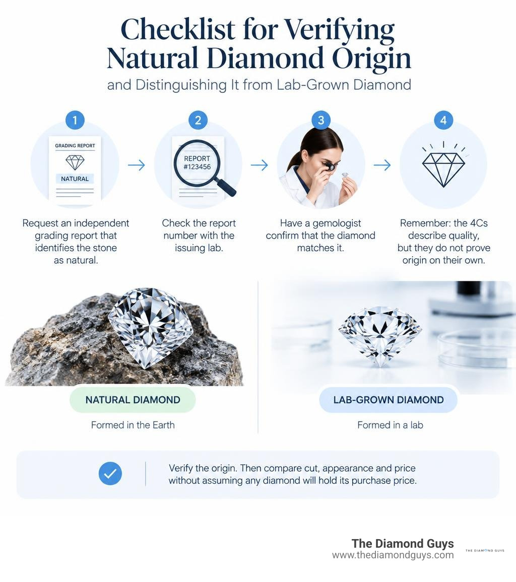 Checklist for verifying natural diamond origin and distinguishing it from lab-grown diamond infographic Checklist for verifying natural diamond origin and distinguishing it from lab-grown diamond infographic