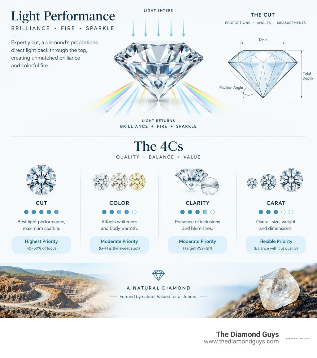 Light performance and 4Cs balance in earth-mined diamonds infographic Light performance and 4Cs balance in earth-mined diamonds infographic