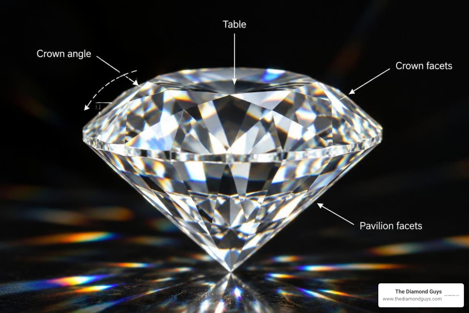 Diamond cut proportions showing crown angle table and pavilion light refraction Diamond cut proportions showing crown angle table and pavilion light refraction