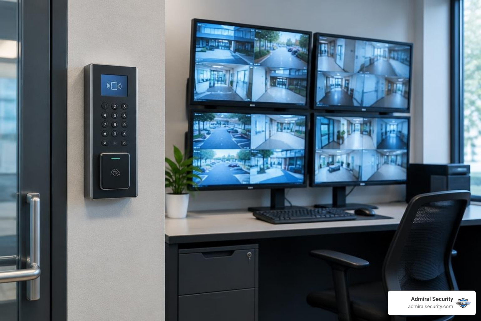 Modern commercial access control panel and surveillance monitors in a clean office setting Modern commercial access control panel and surveillance monitors in a clean office setting