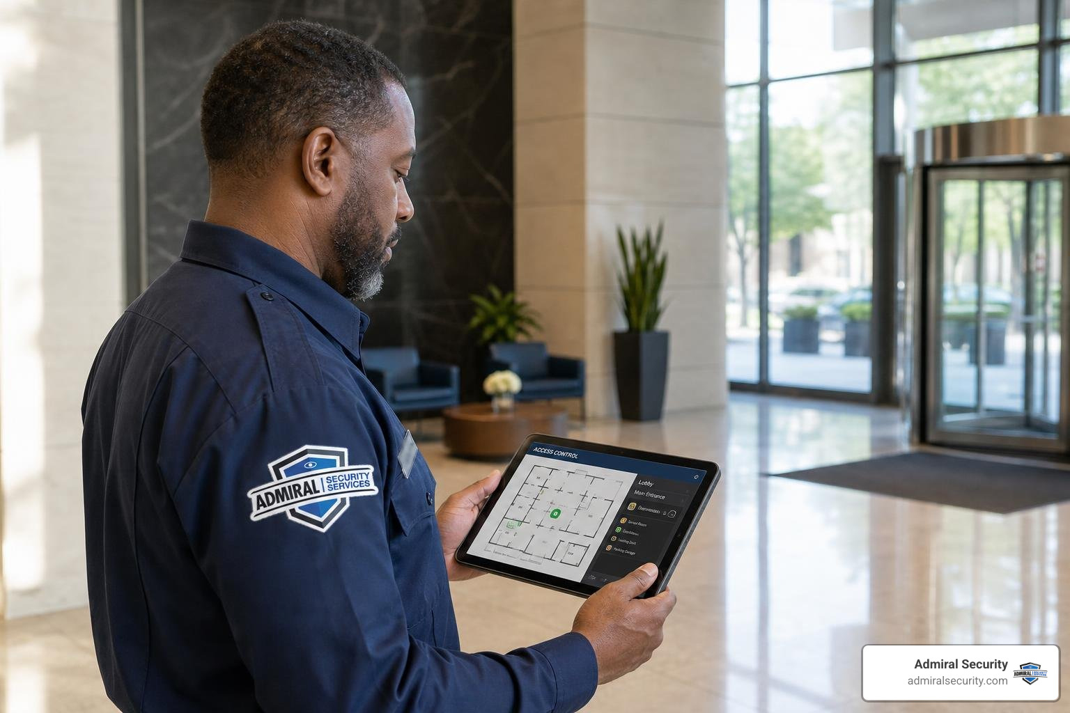 Security supervisor reviewing digital access control layout on a tablet device Security supervisor reviewing digital access control layout on a tablet device