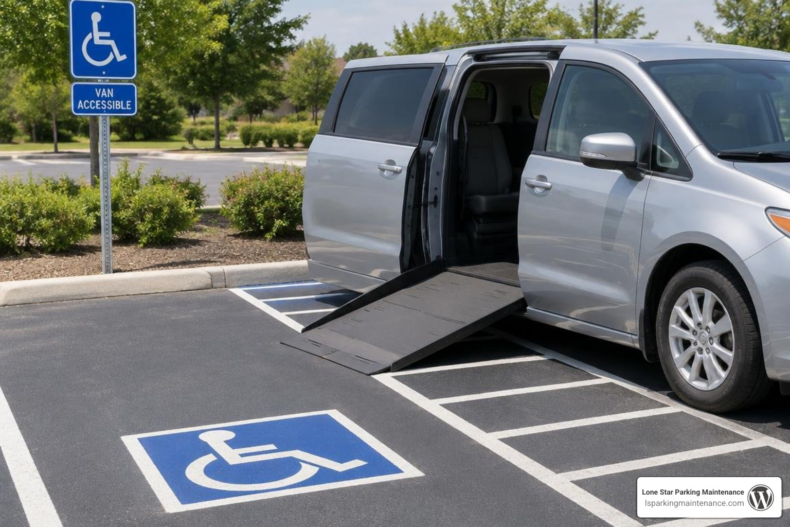 Van-accessible parking stall showing wide access aisle and ramp clearance