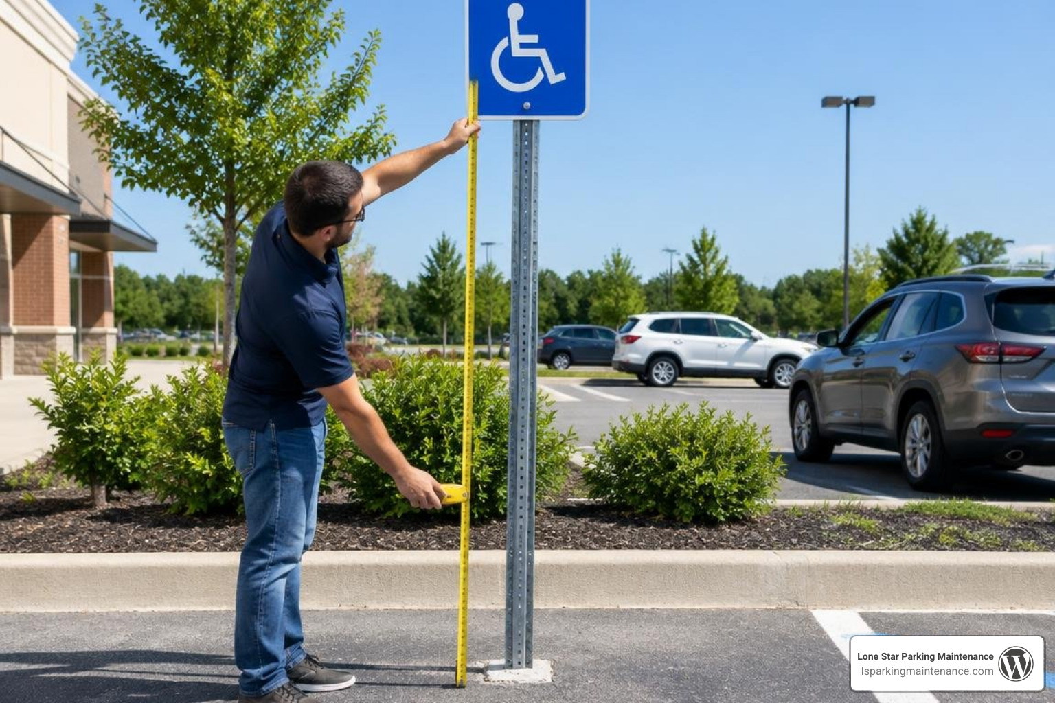 Measuring sign post height to bottom edge of handicap sign