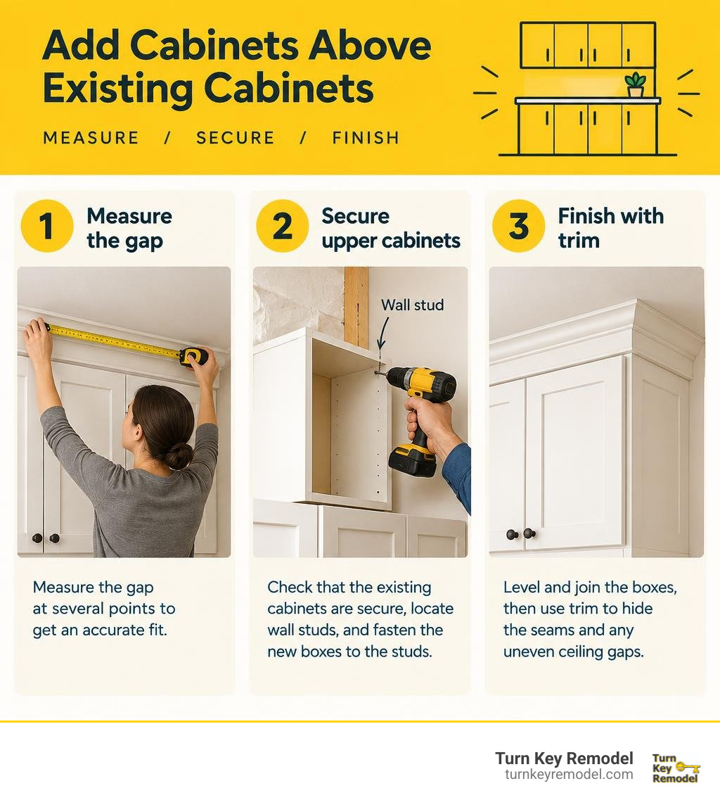 Steps to measure the ceiling gap, secure upper cabinets, and finish with trim infographic Steps to measure the ceiling gap, secure upper cabinets, and finish with trim infographic