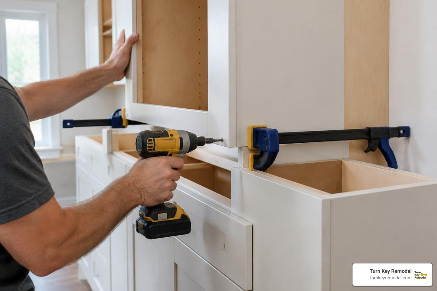 Securing stacked cabinet boxes with clamps and an impact driver Securing stacked cabinet boxes with clamps and an impact driver