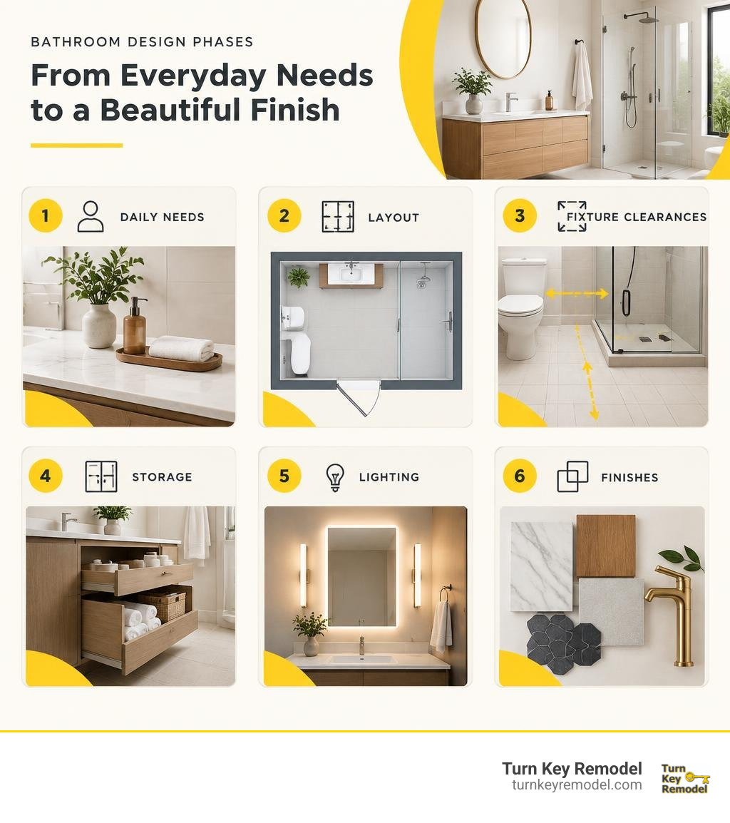 Bathroom design phases: daily needs, layout, fixture clearances, storage, lighting, and finishes infographic Bathroom design phases: daily needs, layout, fixture clearances, storage, lighting, and finishes infographic
