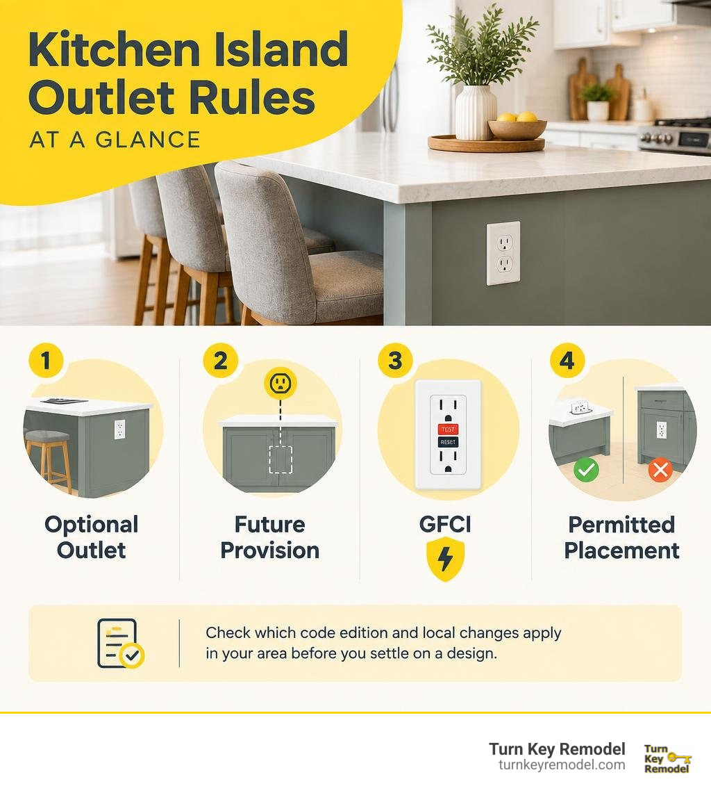 Kitchen island outlet rules: optional outlet, future provision, GFCI, and permitted placement infographic Kitchen island outlet rules: optional outlet, future provision, GFCI, and permitted placement infographic