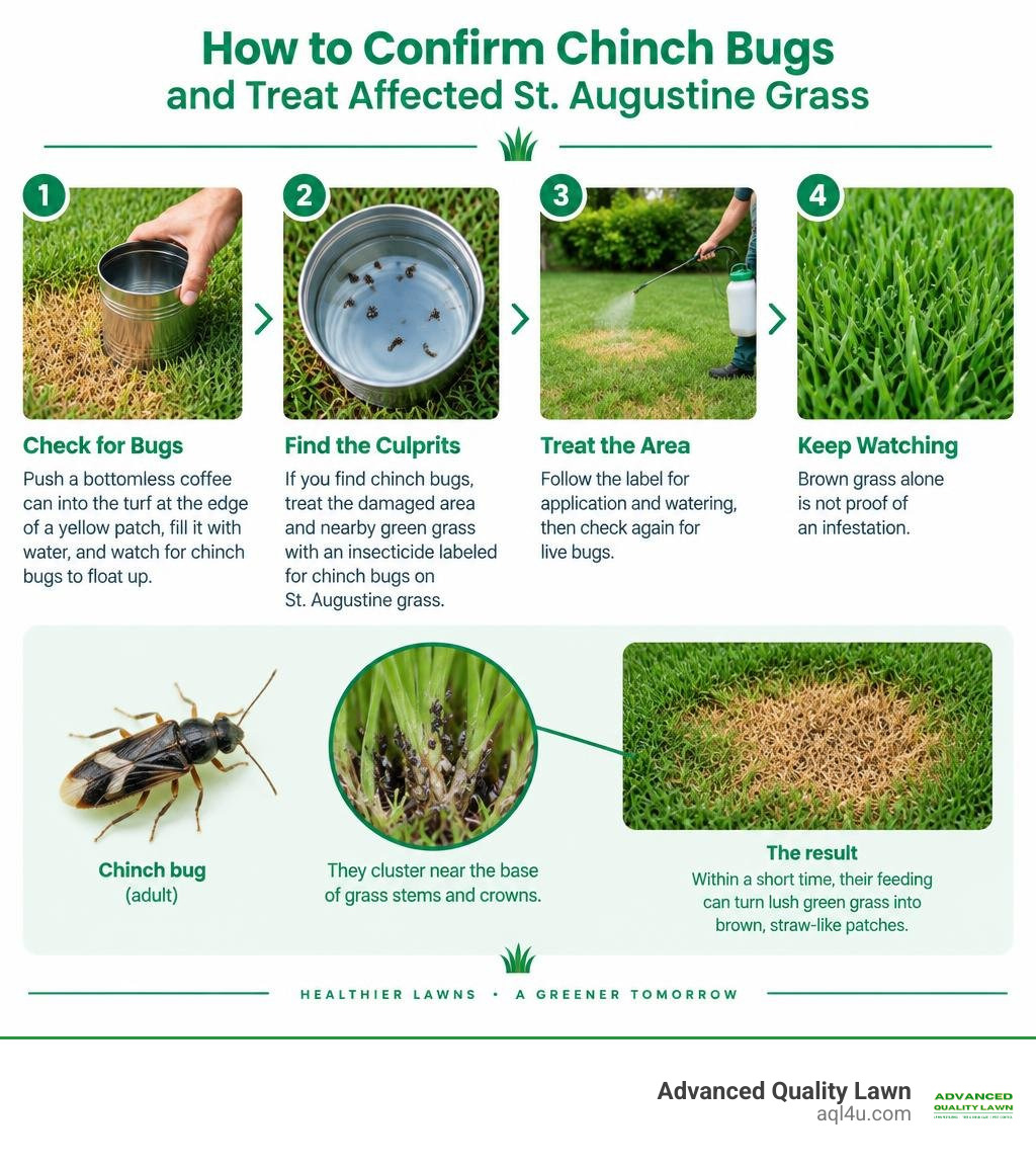 How to confirm chinch bugs and treat affected St. Augustine grass infographic