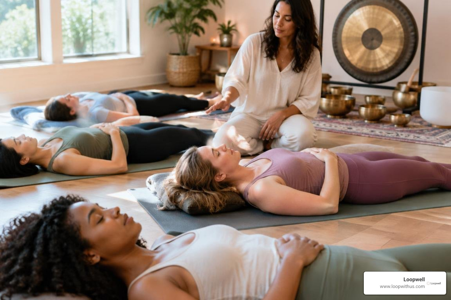 diverse women participating in a somatic breathwork and sound therapy session diverse women participating in a somatic breathwork and sound therapy session
