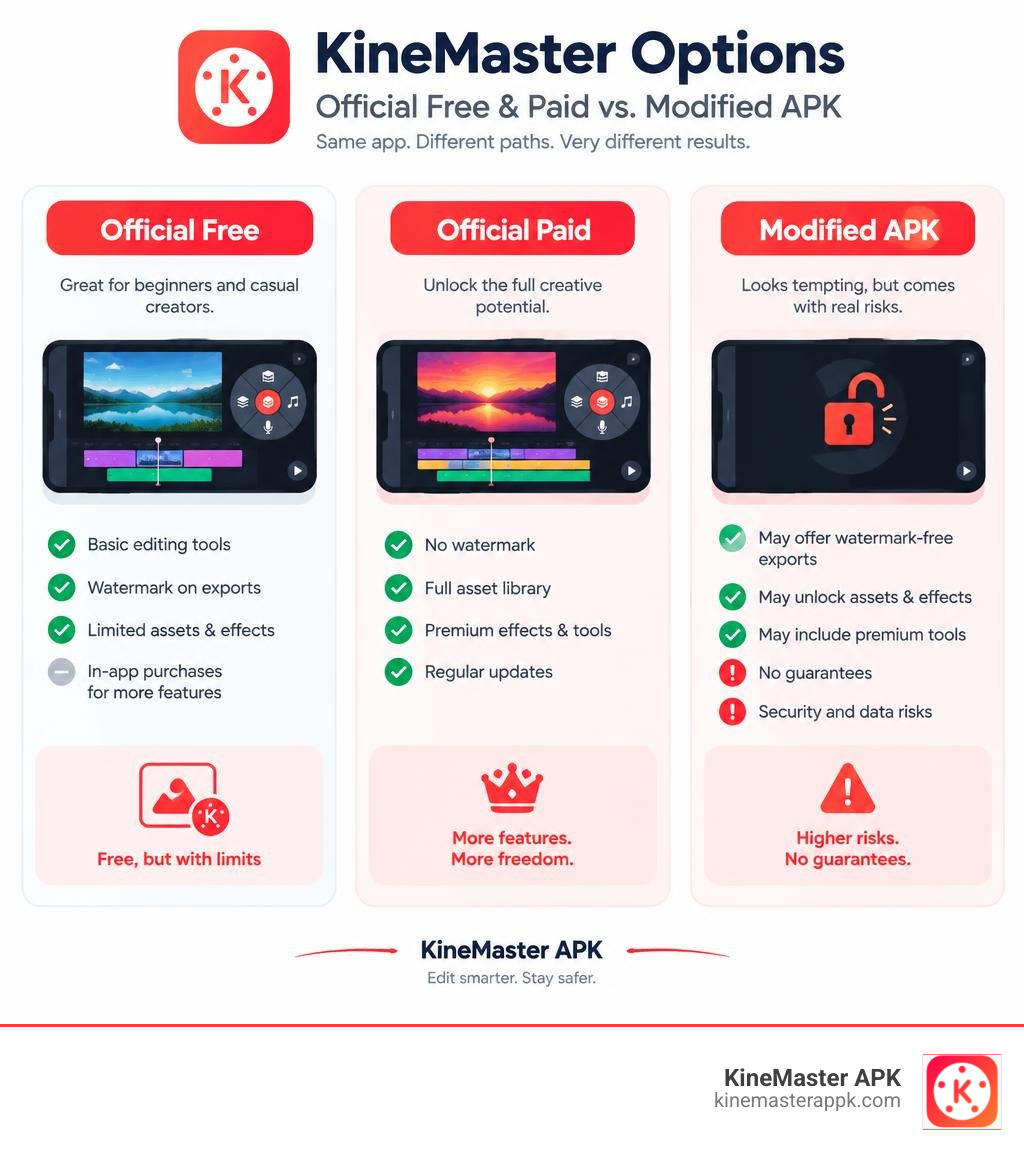 Comparison of official free and paid KineMaster options with the claims and risks of a modified APK infographic