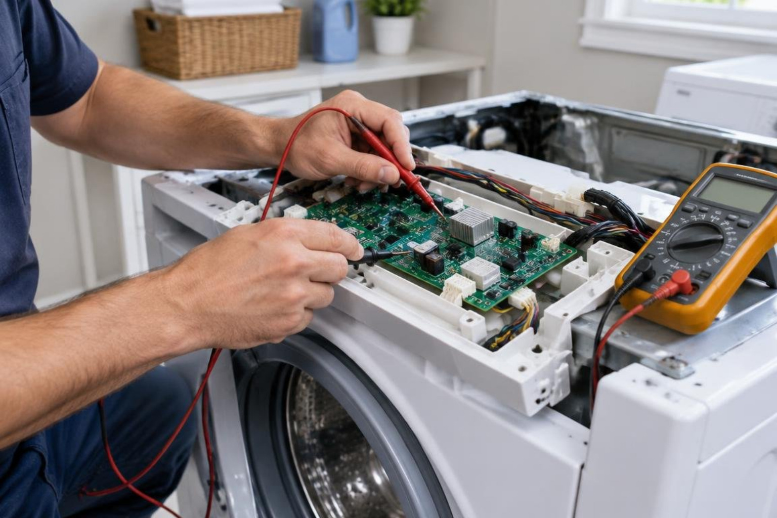 technician testing a washing machine control board technician testing a washing machine control board