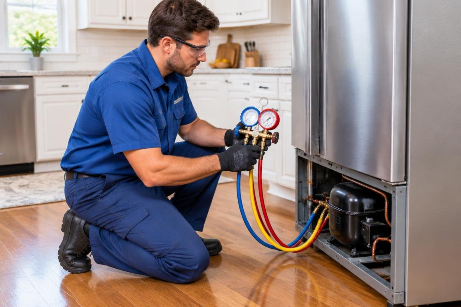 certified technician measuring refrigerant pressure on a refrigerator compressor certified technician measuring refrigerant pressure on a refrigerator compressor