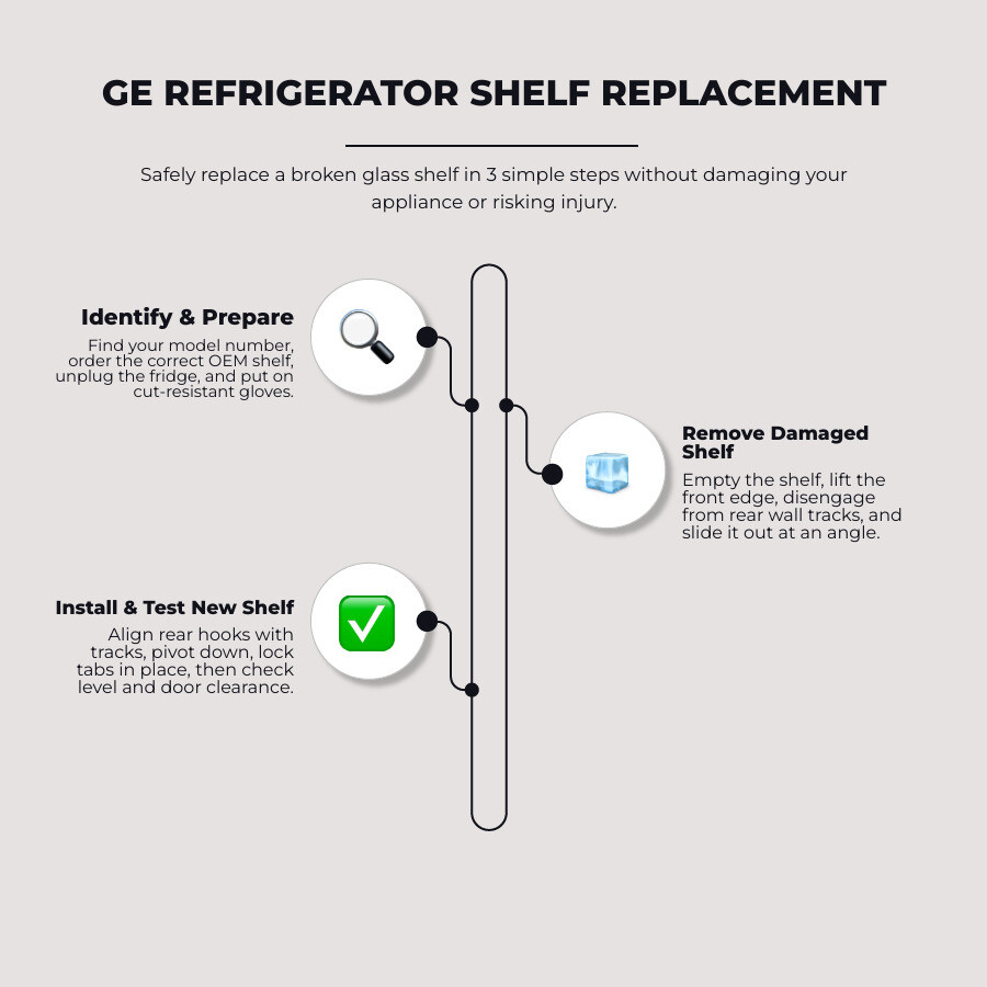 Text-free infographic with icons for checking the model, unplugging, removing glass, and seating a shelf infographic