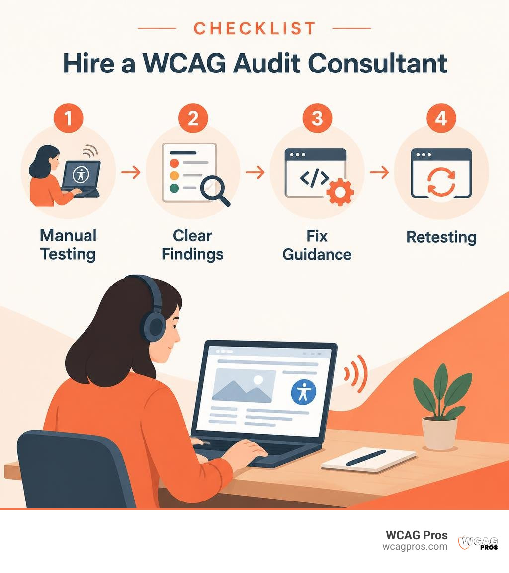 Checklist for hiring a WCAG audit consultant: manual testing, clear findings, fix guidance, and retesting infographic Checklist for hiring a WCAG audit consultant: manual testing, clear findings, fix guidance, and retesting infographic