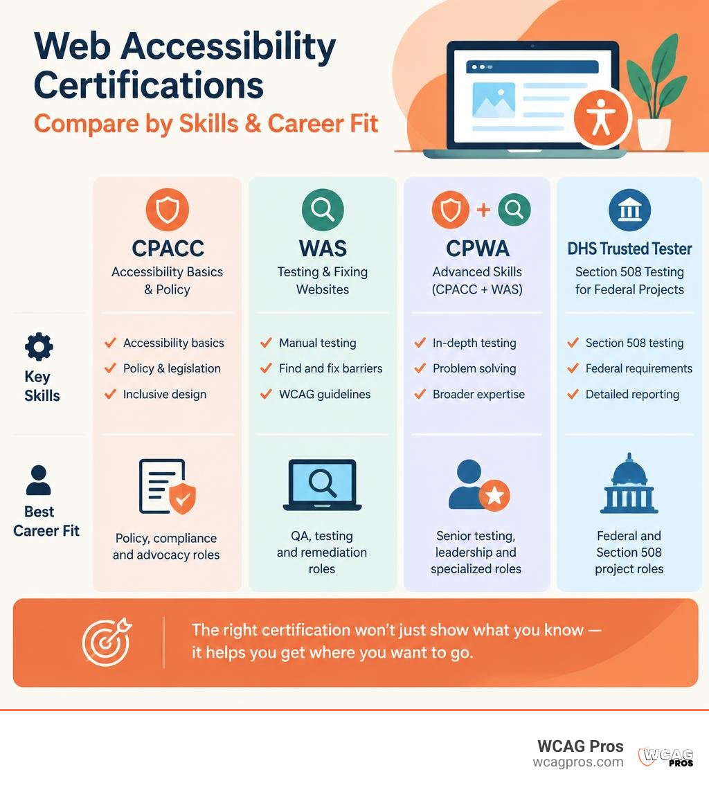 Comparison of CPACC, WAS, CPWA, and DHS Trusted Tester by skills and career fit infographic Comparison of CPACC, WAS, CPWA, and DHS Trusted Tester by skills and career fit infographic