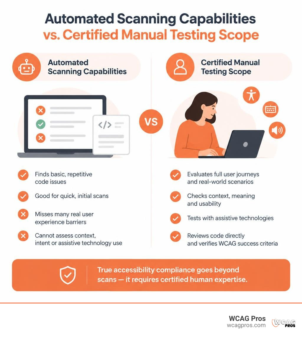 Automated scanning capabilities versus certified manual testing scope infographic Automated scanning capabilities versus certified manual testing scope infographic