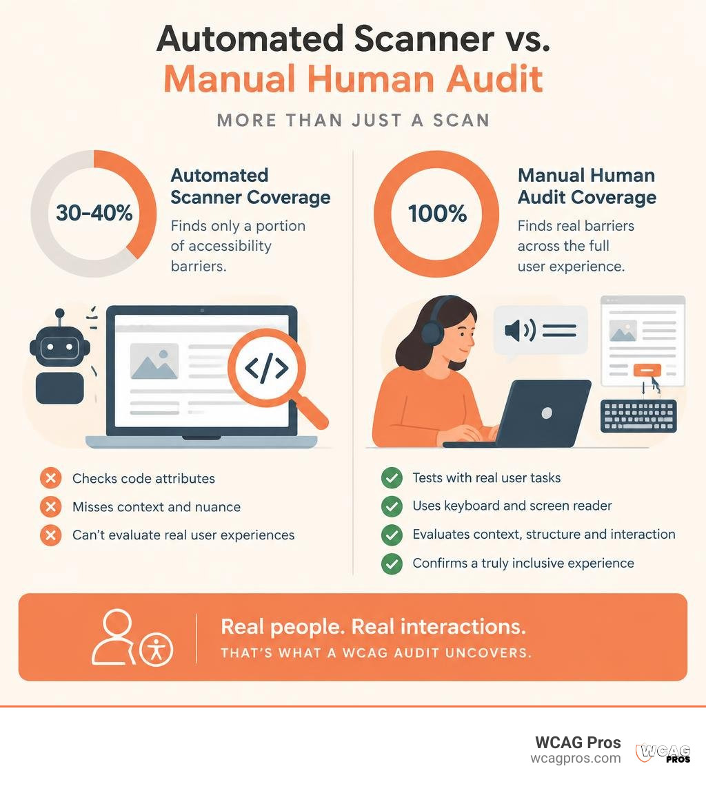 Infographic comparing automated scanner coverage of 30 to 40 percent versus 100 percent manual human audit infographic Infographic comparing automated scanner coverage of 30 to 40 percent versus 100 percent manual human audit infographic