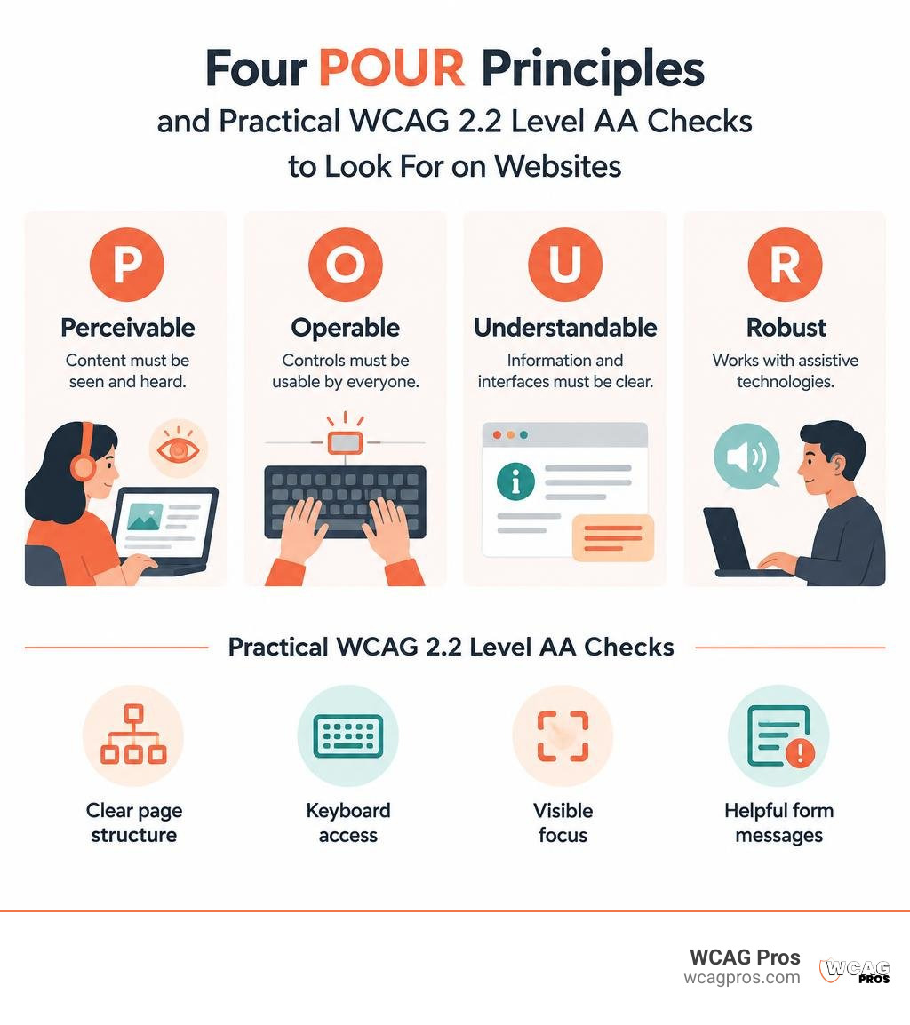 Four POUR principles and practical WCAG 2.2 Level AA checks to look for on websites infographic Four POUR principles and practical WCAG 2.2 Level AA checks to look for on websites infographic