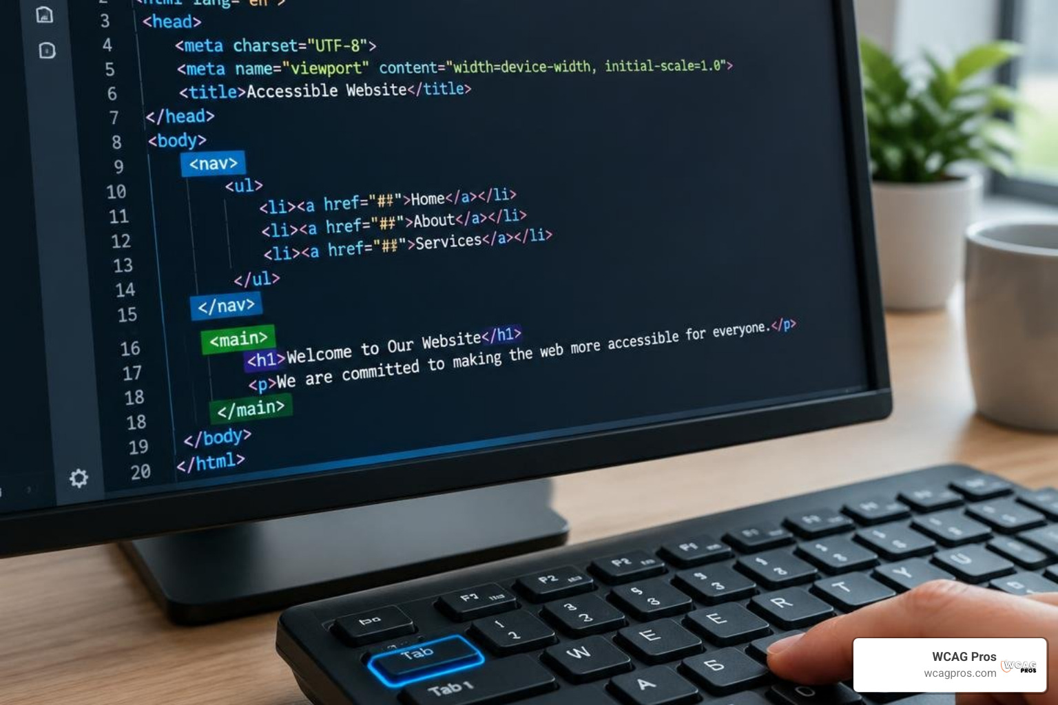 Code-level accessibility remediation showing semantic HTML and keyboard focus styling Code-level accessibility remediation showing semantic HTML and keyboard focus styling