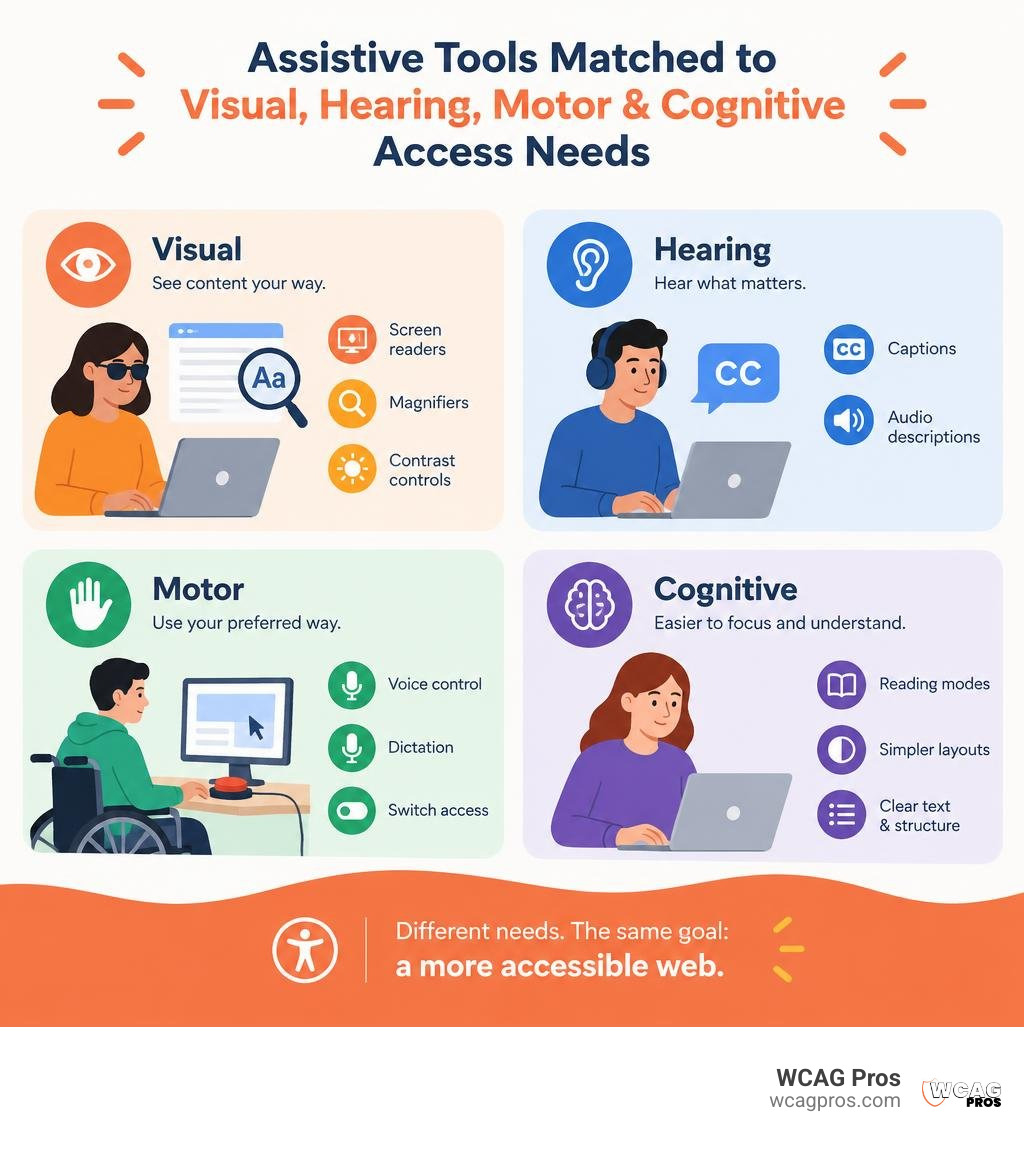 assistive tools matched to visual, hearing, motor, and cognitive access needs infographic assistive tools matched to visual, hearing, motor, and cognitive access needs infographic