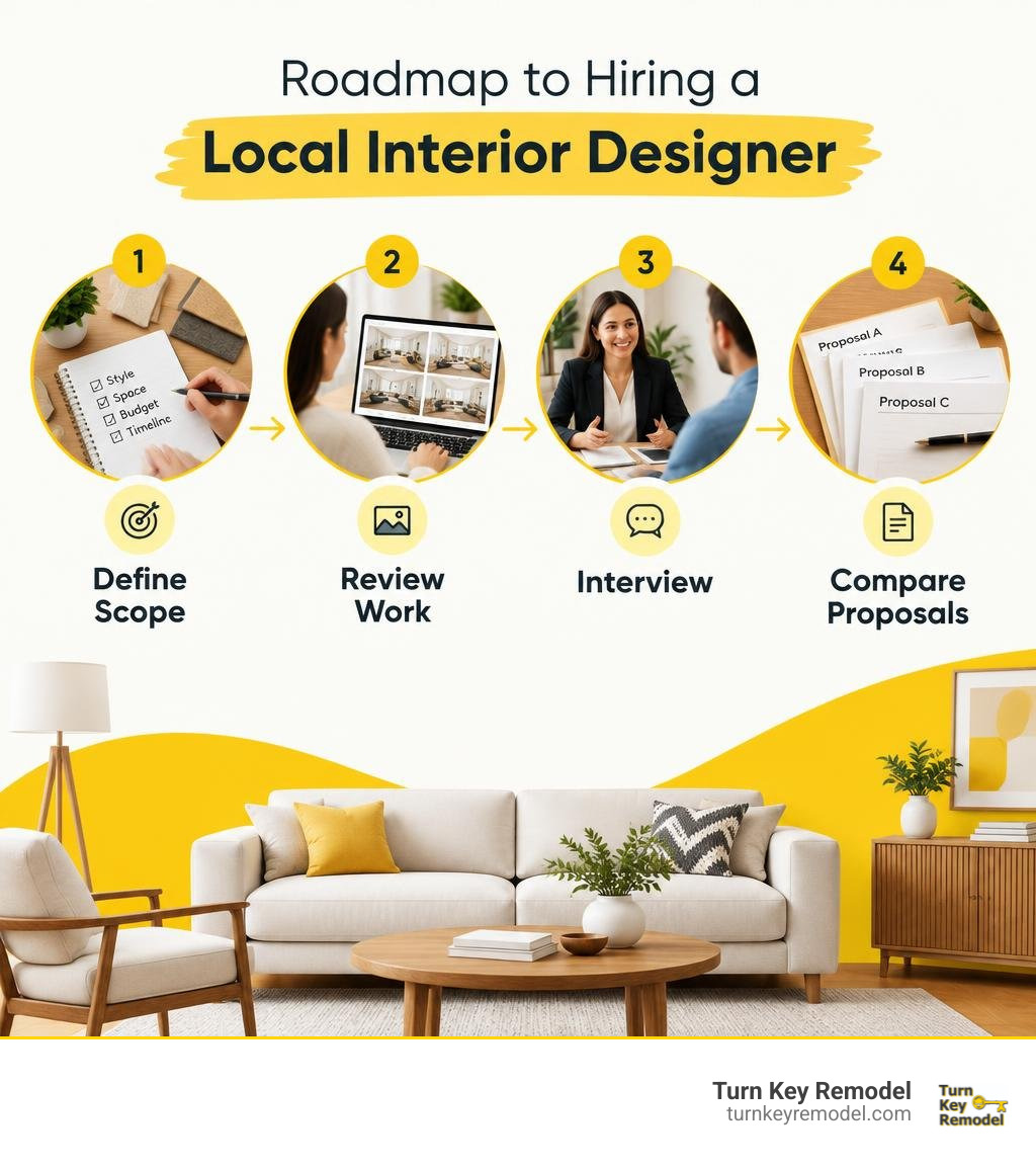 Roadmap to hiring a local interior designer: define scope, review work, interview, compare proposals infographic Roadmap to hiring a local interior designer: define scope, review work, interview, compare proposals infographic